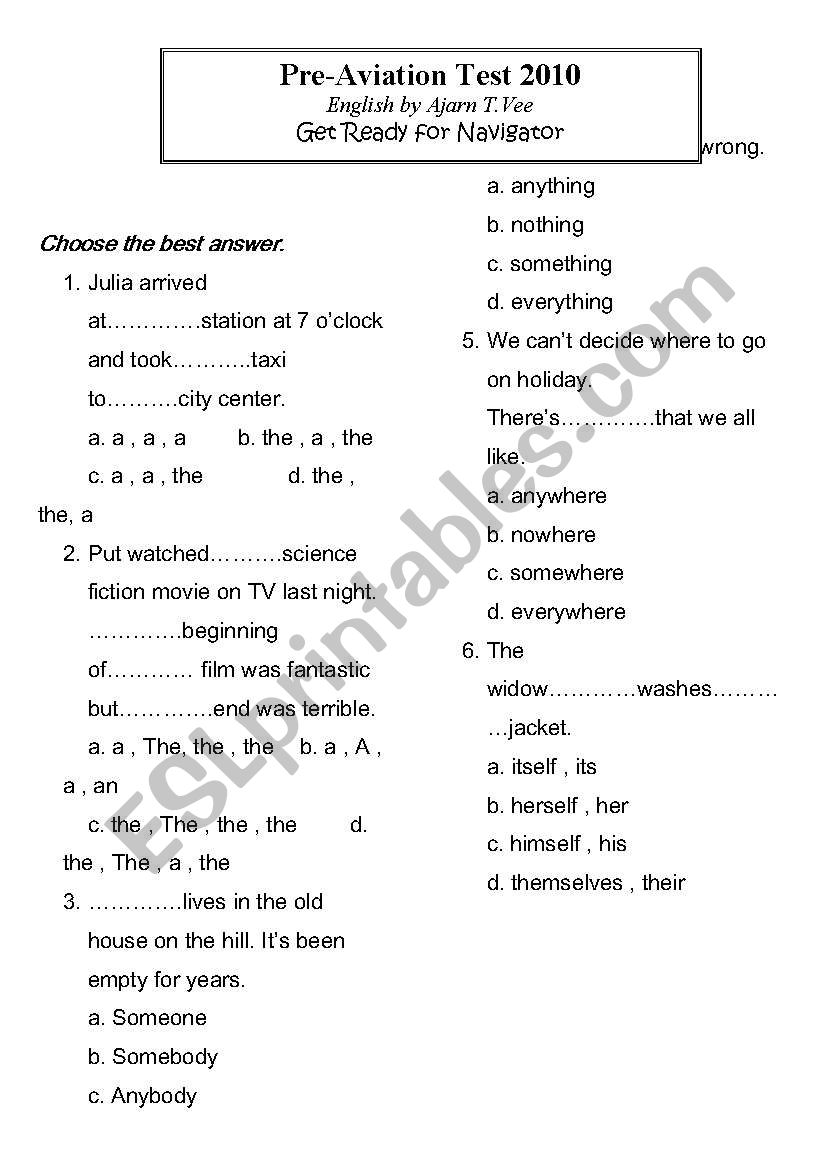 Test for aviation A worksheet