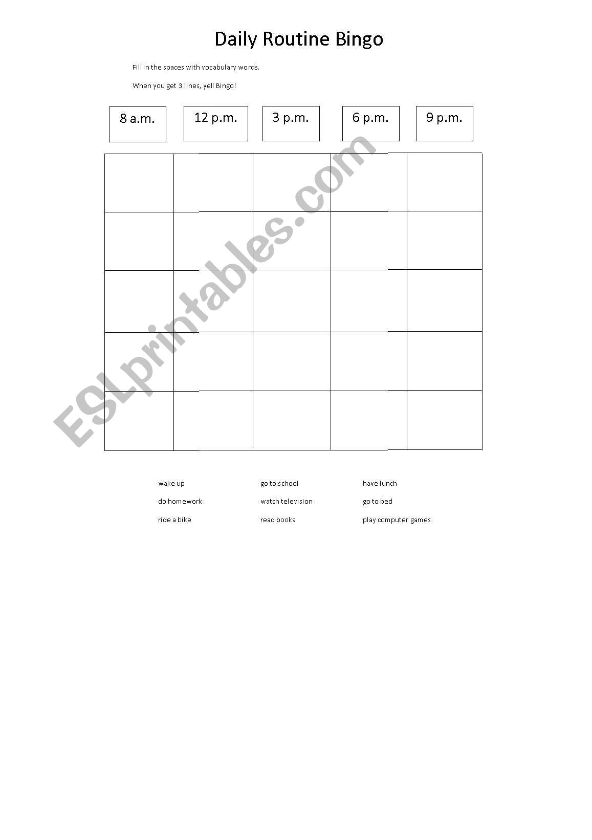 Daily Routine Bingo worksheet