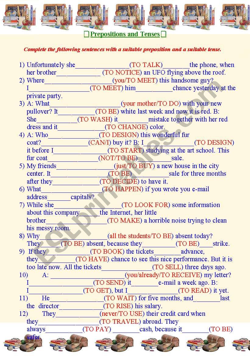 Prepositions and Tenses worksheet