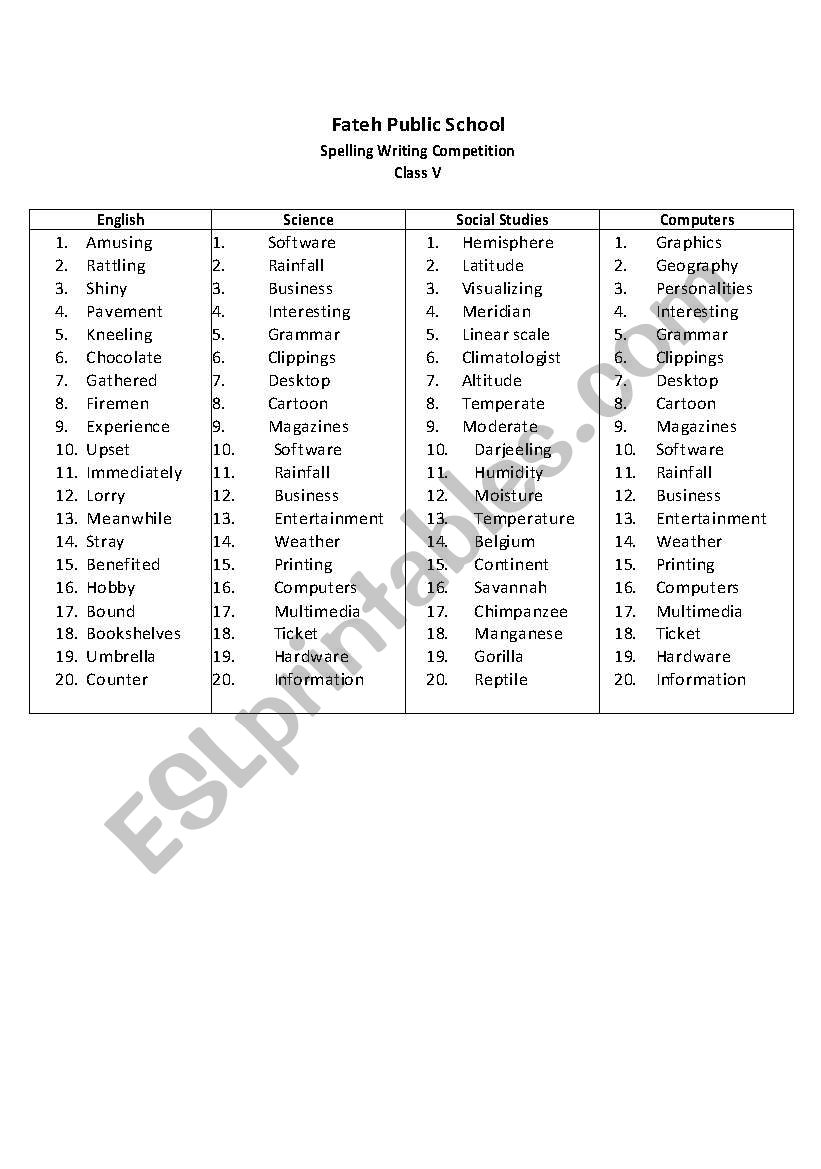 Speling competition worksheet