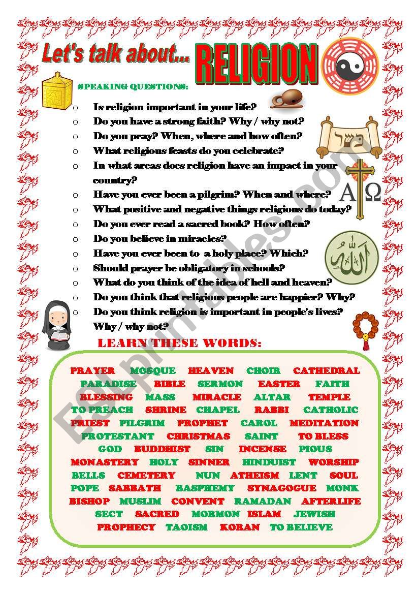 LET´S TALK ABOUT RELIGION (SPEAKING SERIES 28) ESL worksheet by joebcn