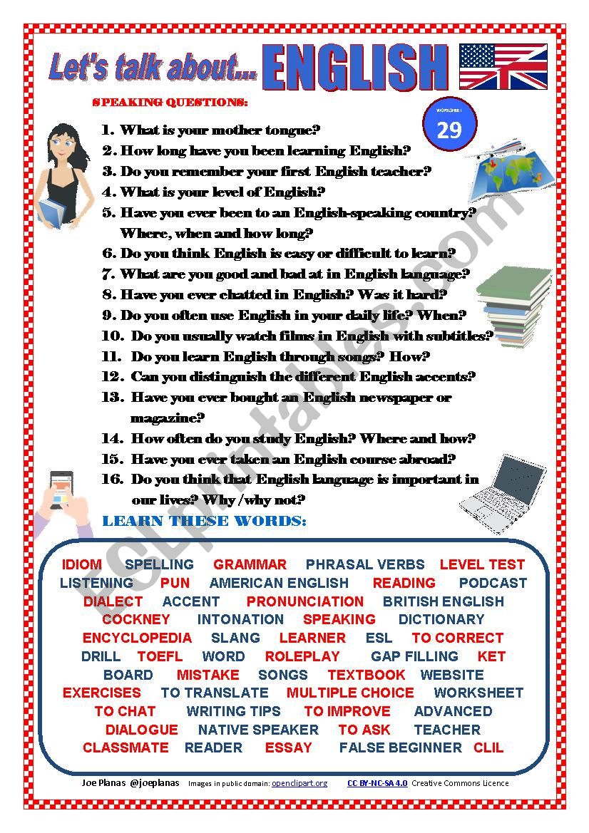 LETÂ´S TALK ABOUT ENGLISH (SPEAKING SERIES 29) - ESL worksheet by joebcn