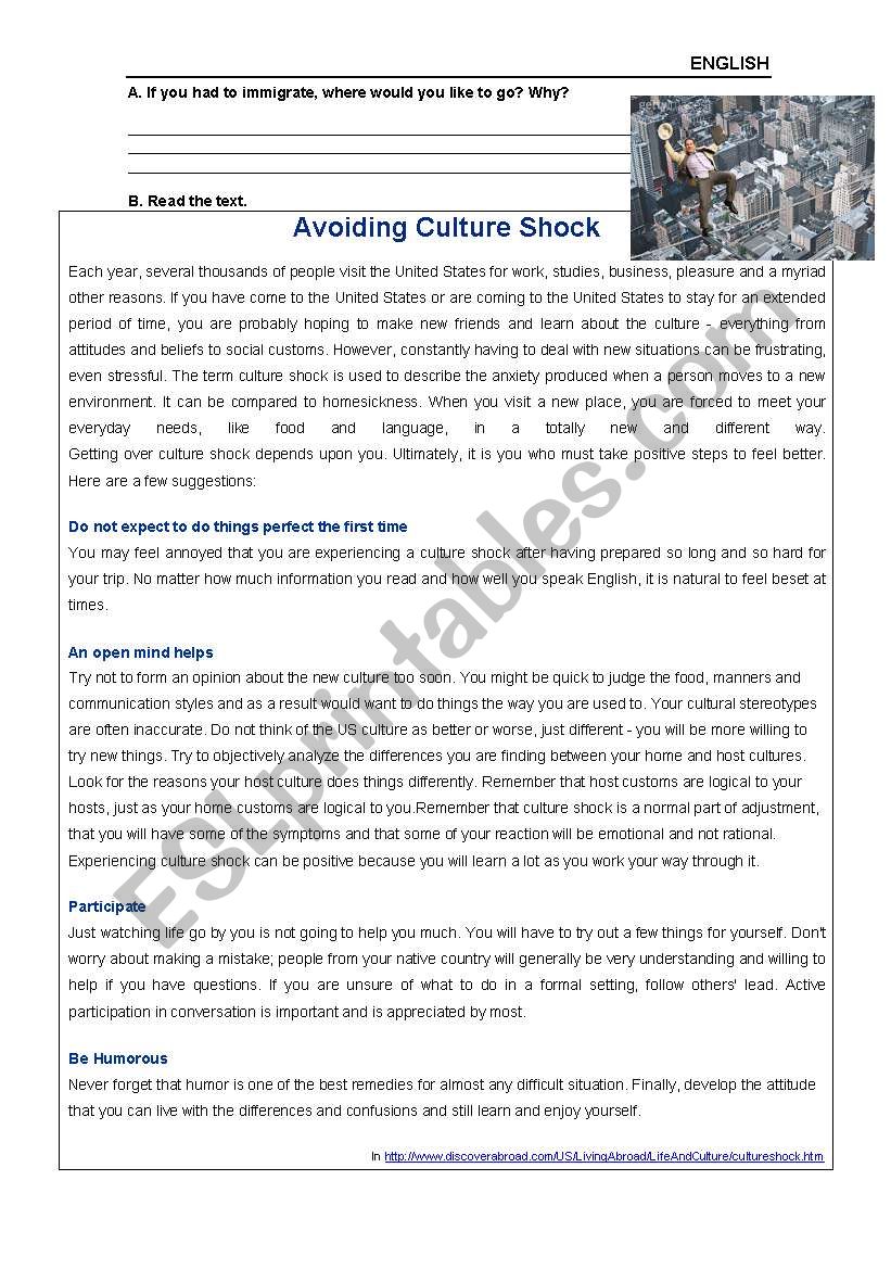Avoiding Culture Shock worksheet