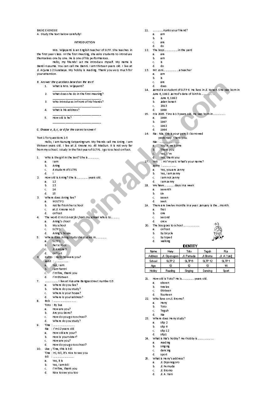 the first test worksheet