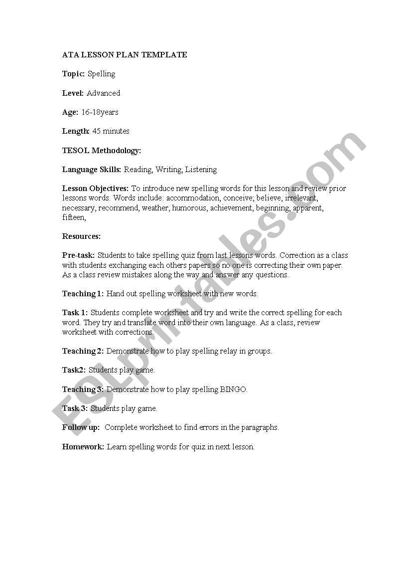 Spelling Lesson Plan worksheet