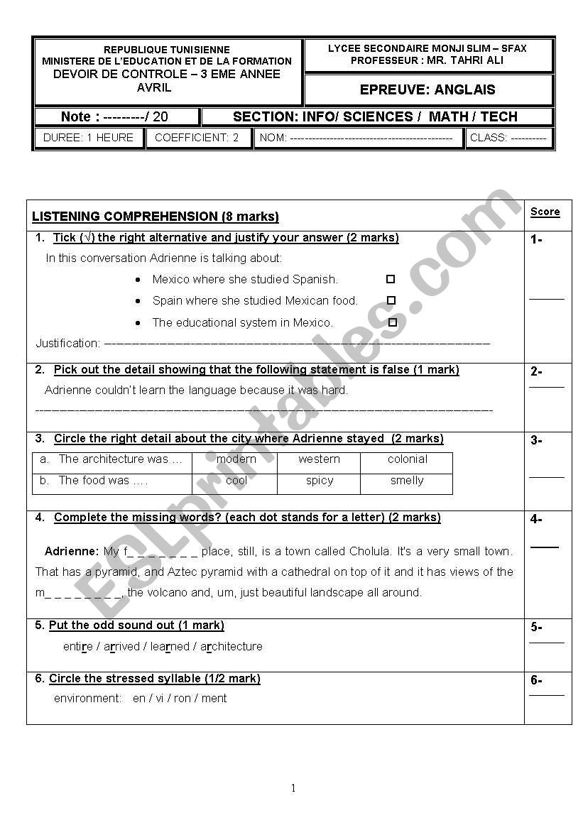 3rd sec mid-term test  worksheet