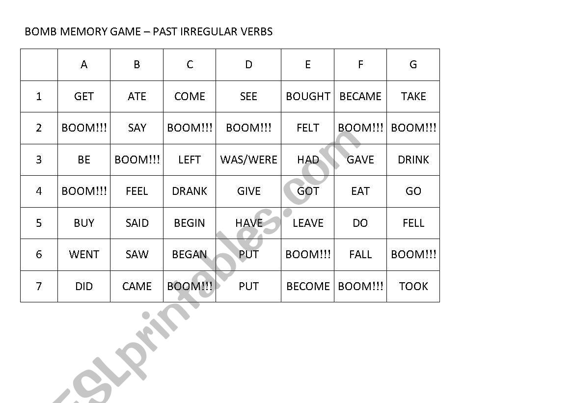 Bomb Memory Game worksheet