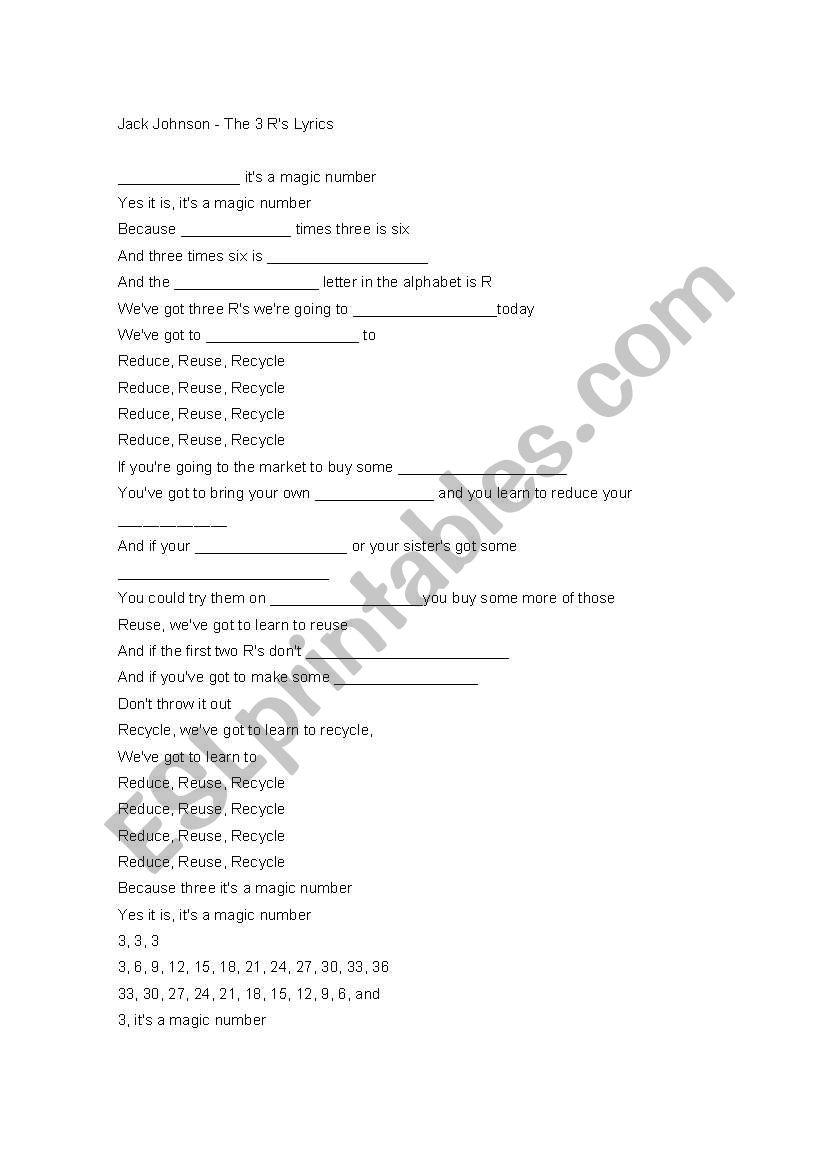 Reduce Reuse Recycle worksheet