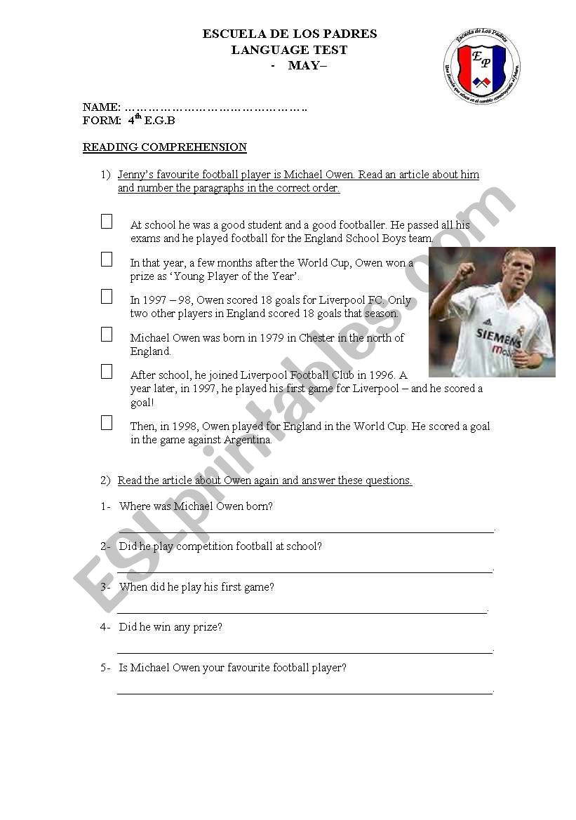 Reading comprehension Test worksheet