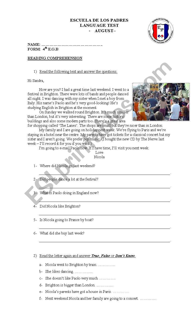 Reading Comprehension Test worksheet