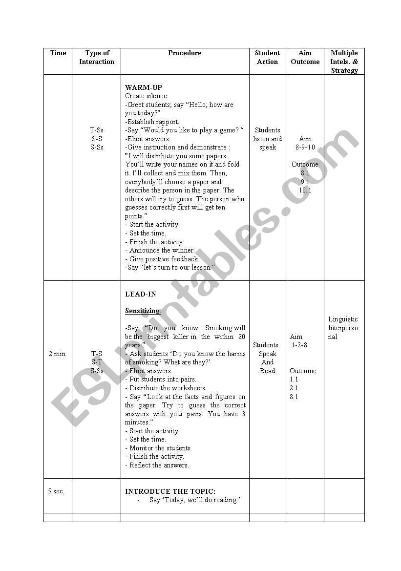 reading lesson plan about smoking ban