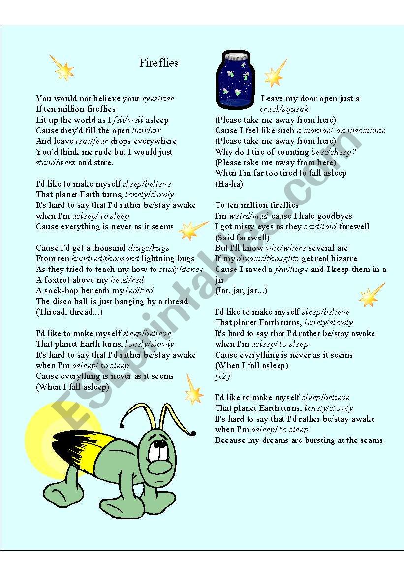 Owl city - Fireflies worksheet