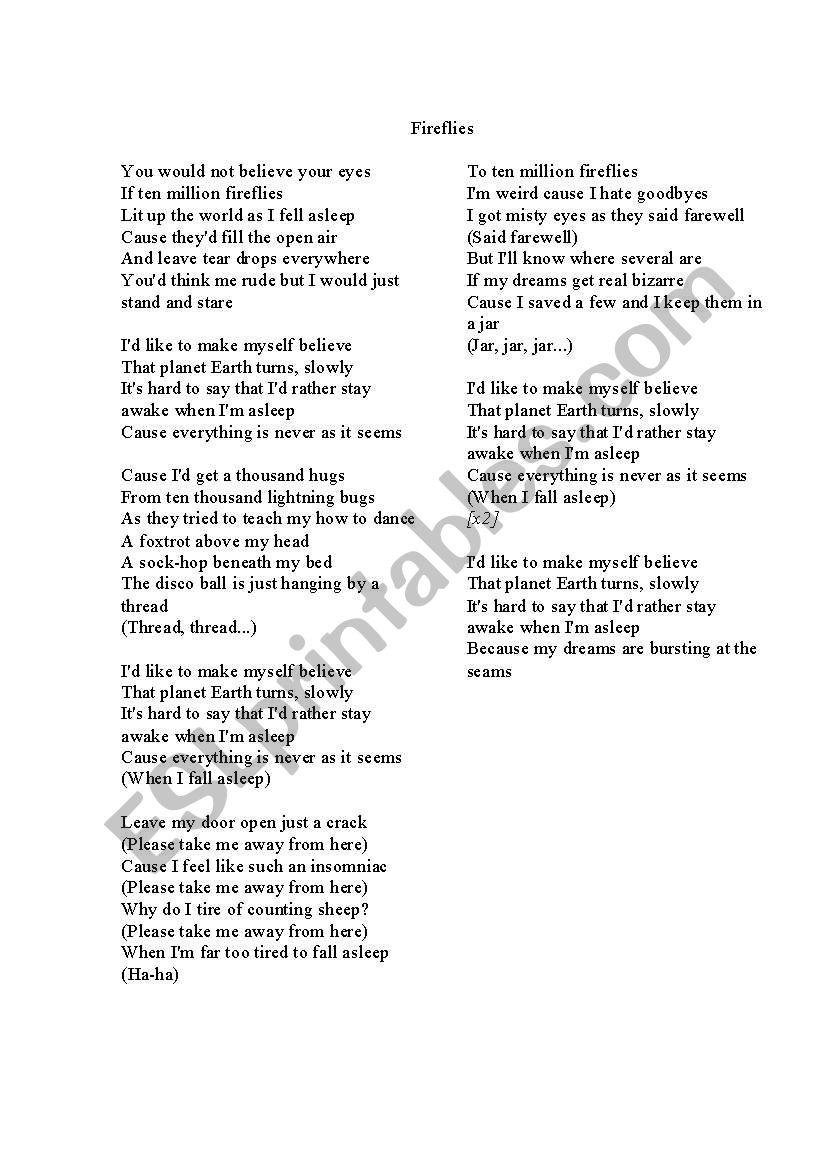 Owl City Fireflies Esl Worksheet By Yanina Owl City Fireflies Esl Worksheet By Yanina