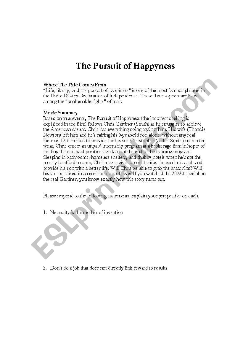Pursuit of Happyness, video worksheet