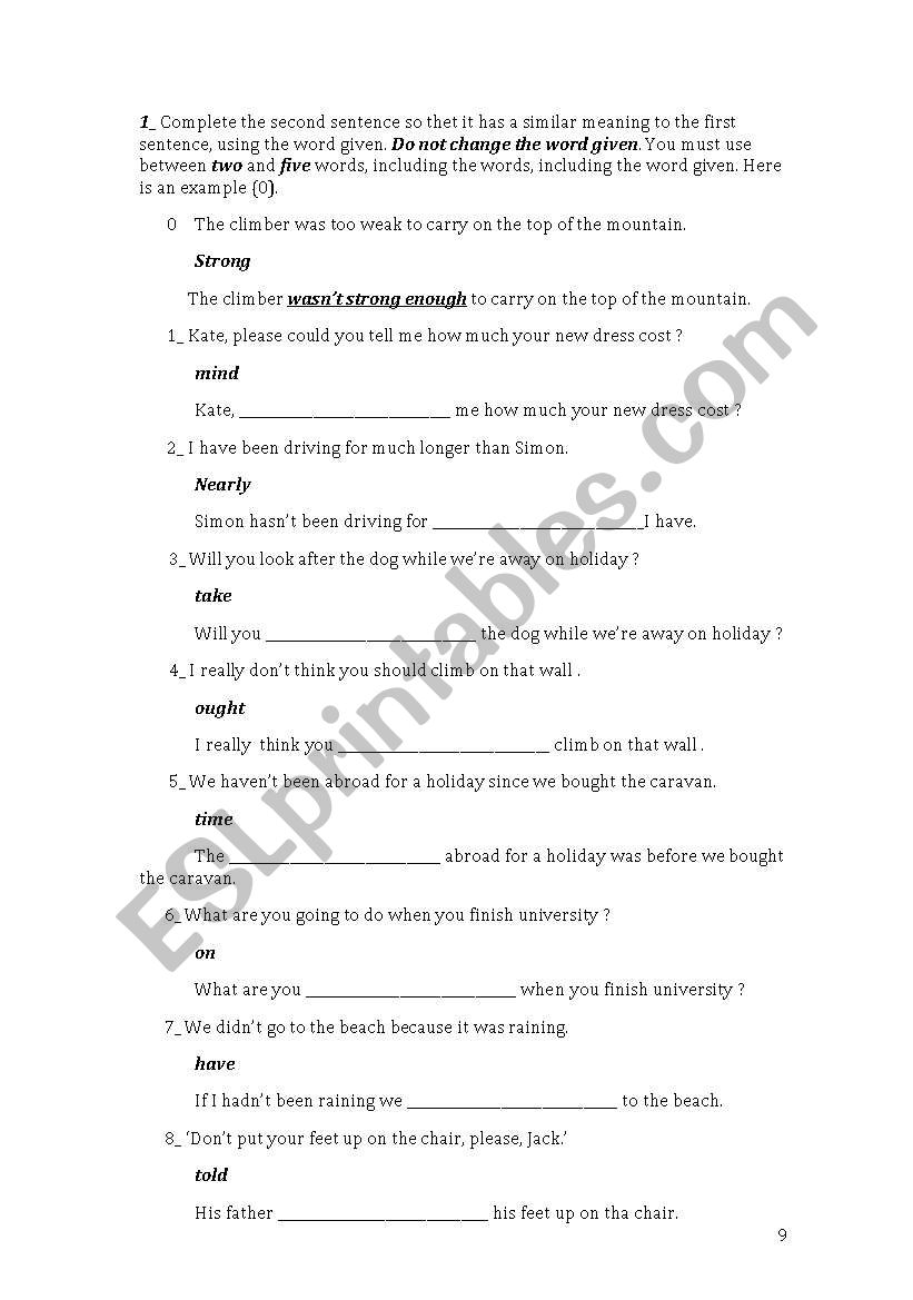 fce - transforming sentences worksheet
