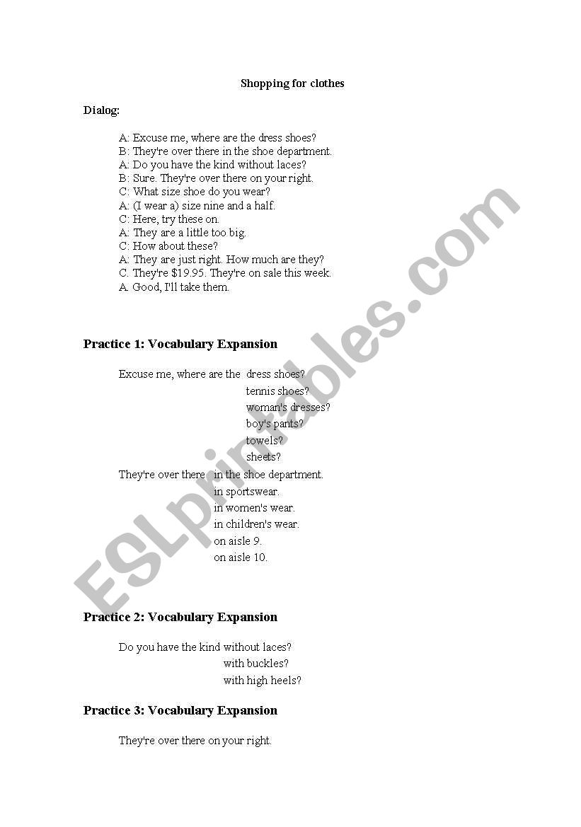 shopping for clothes worksheet