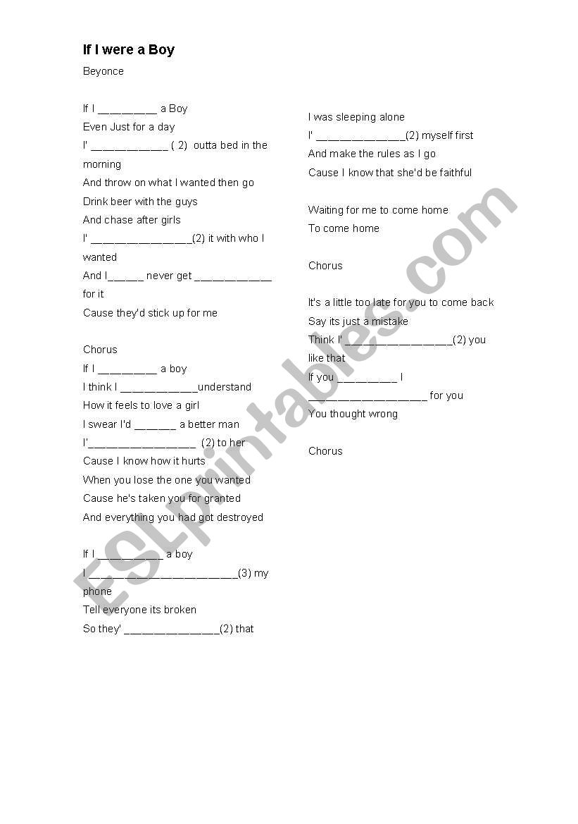 If I were a boy worksheet