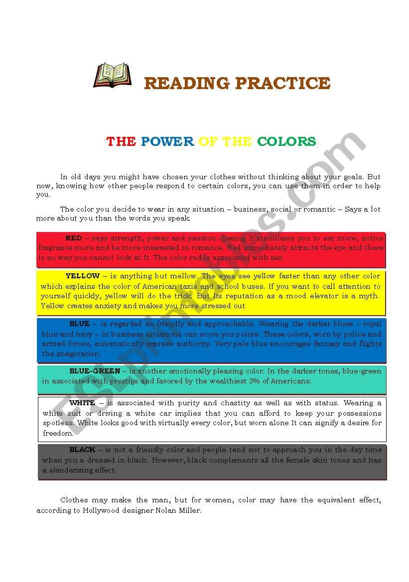 The power of the colors worksheet