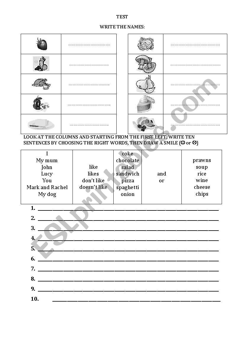 Food test worksheet