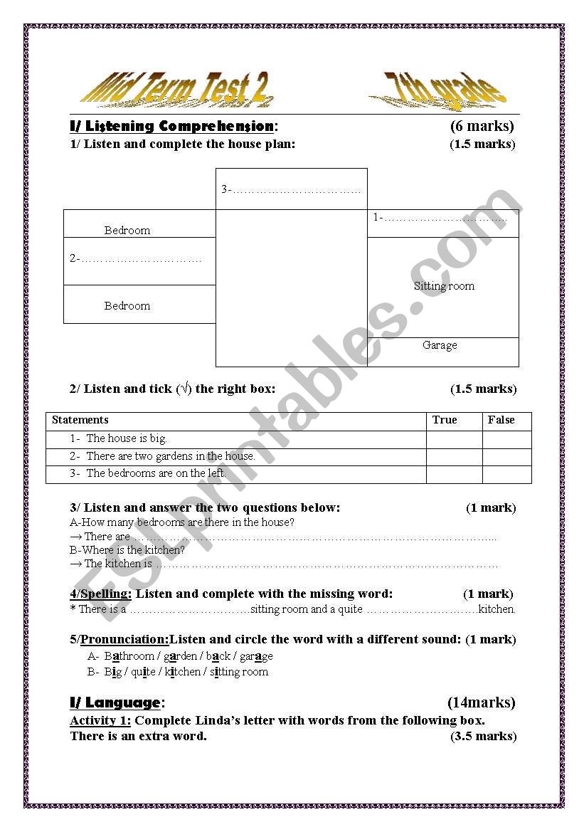 Mid Term Test 2  (7th  GRADE) worksheet