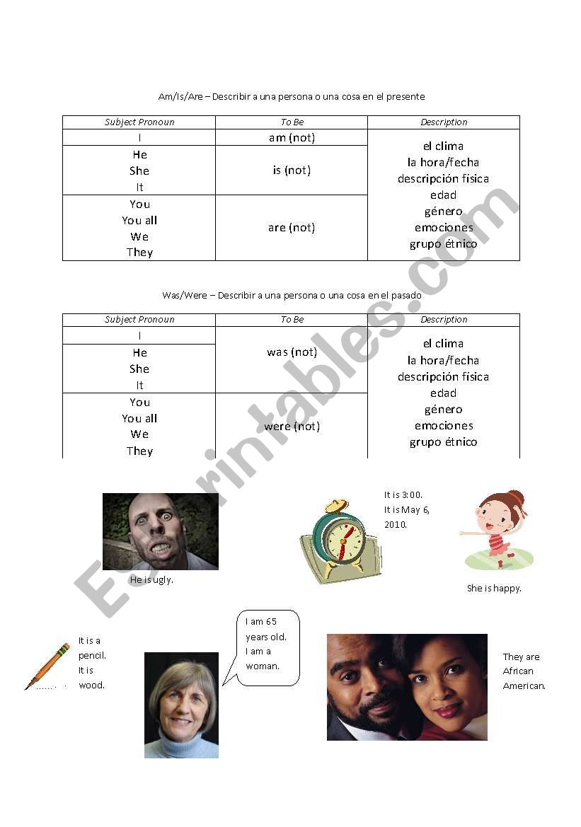 To Be verb chart worksheet