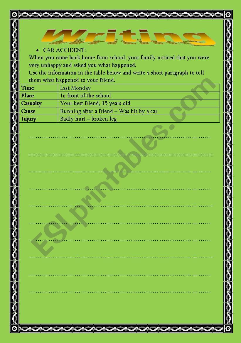 Writing about an accident worksheet
