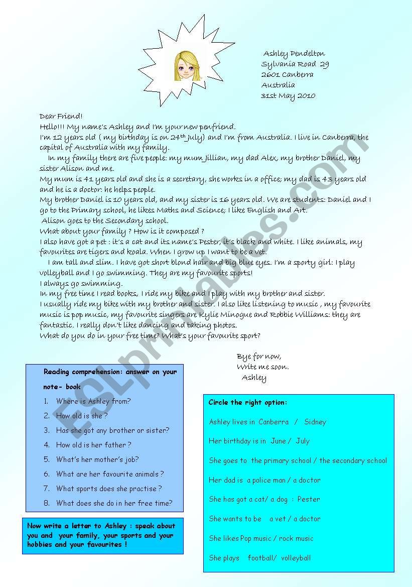 letter from a pen friend worksheet