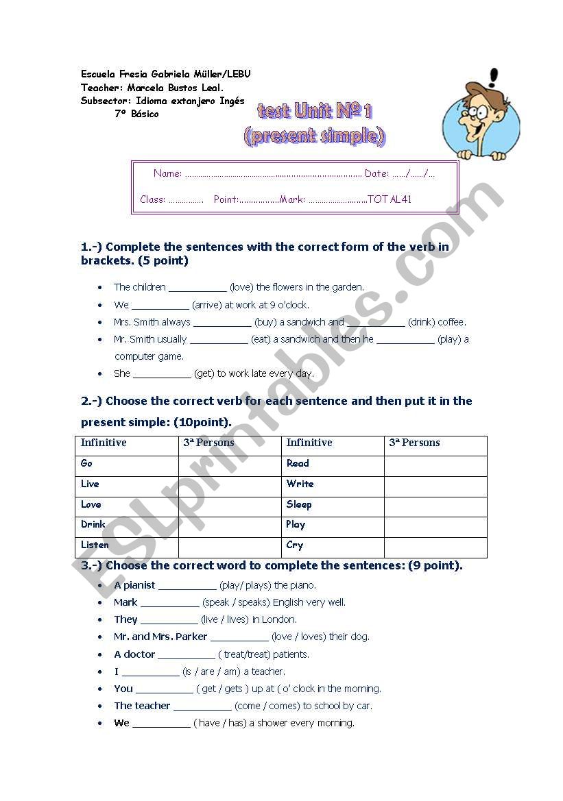 test unit 1 present simple worksheet