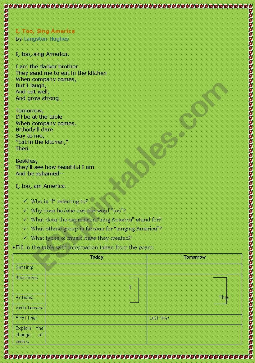 I, Too, Sing America worksheet