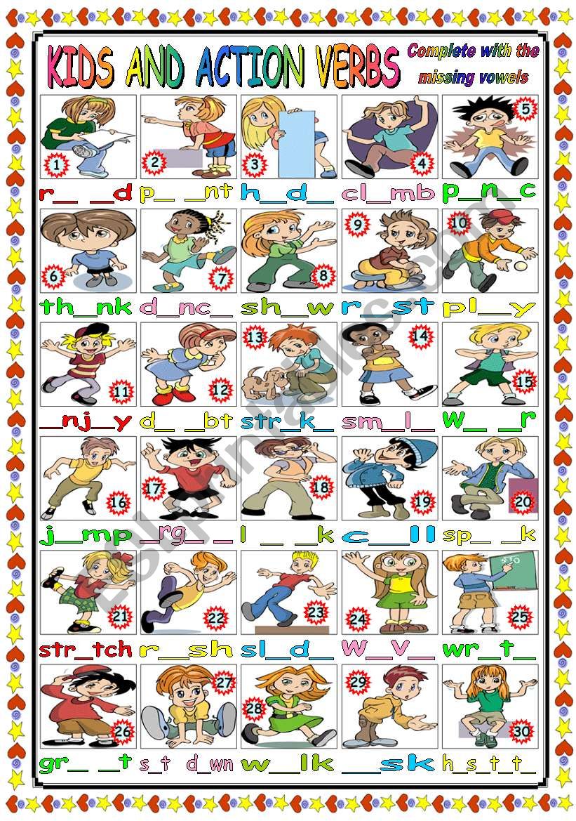 CUTE KIDS AND ACTION VERBS (B&W VERSION+KEY INCLUDED)