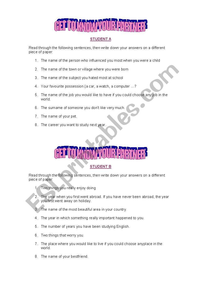 First day activity worksheet