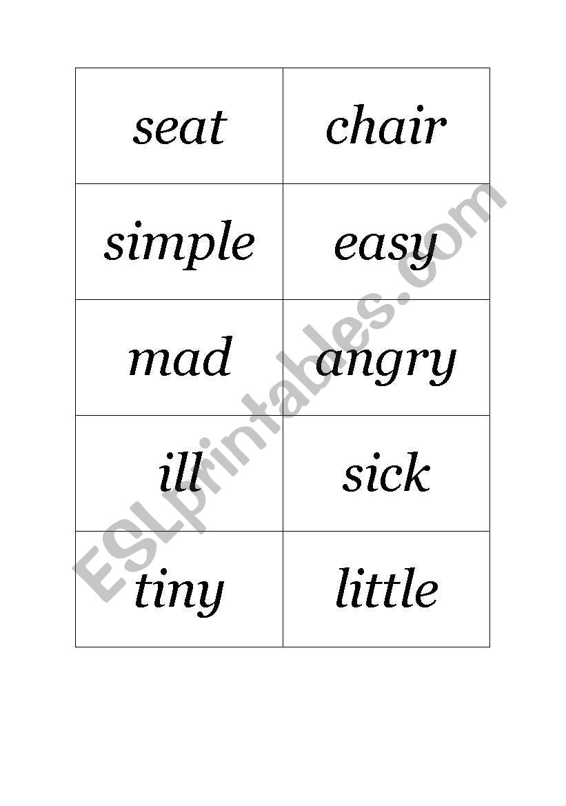 Synomyms Memory puzzle worksheet