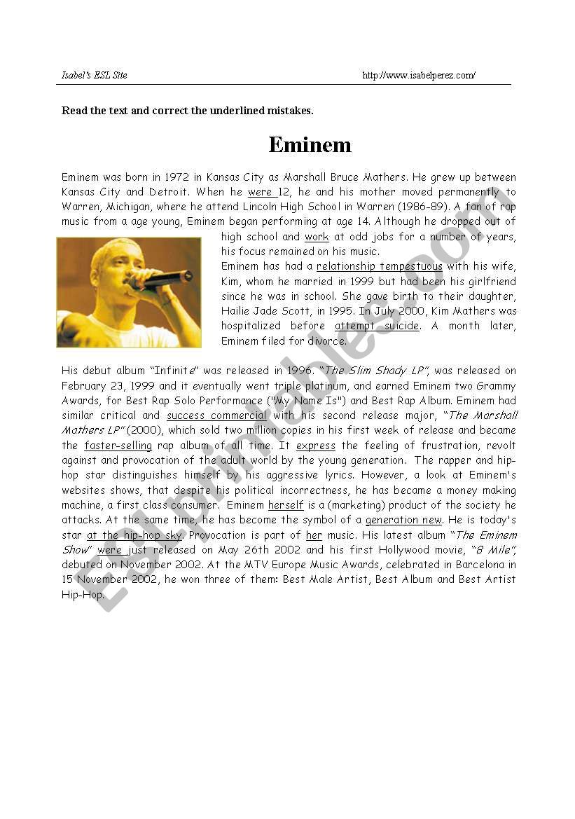 eminemsentencecorrection worksheet