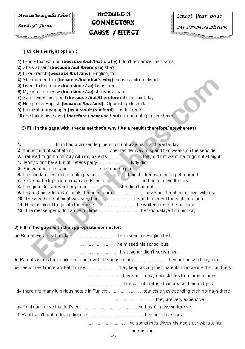 Connectors  Cause effect worksheet