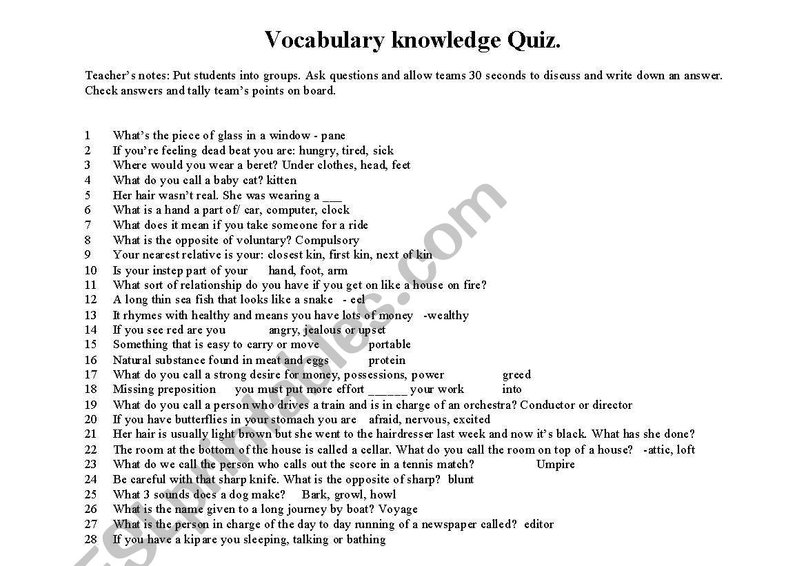 Vocabulary Quiz worksheet