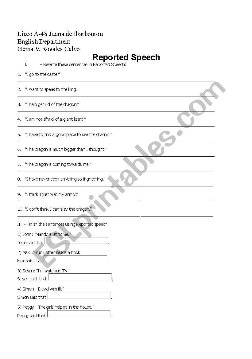 reported speech worksheet