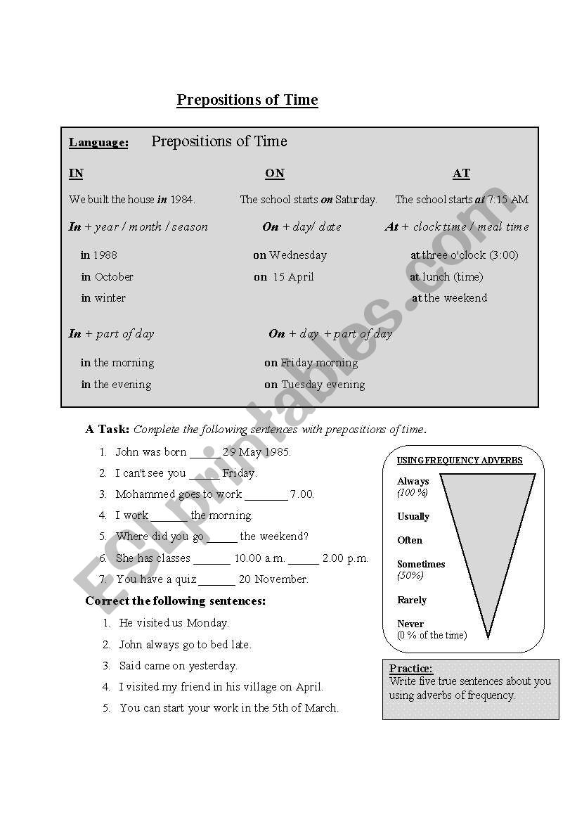 Prepositions of Time worksheet