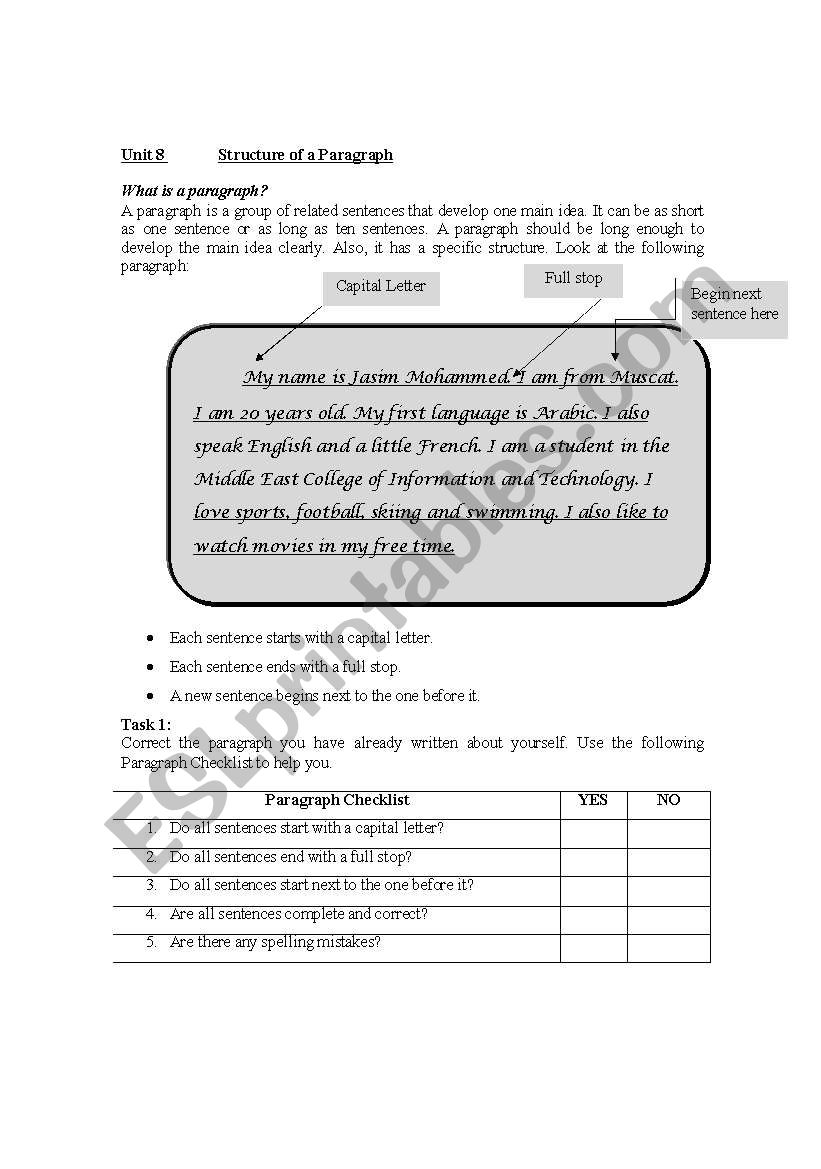 Structure of a Paragraph worksheet
