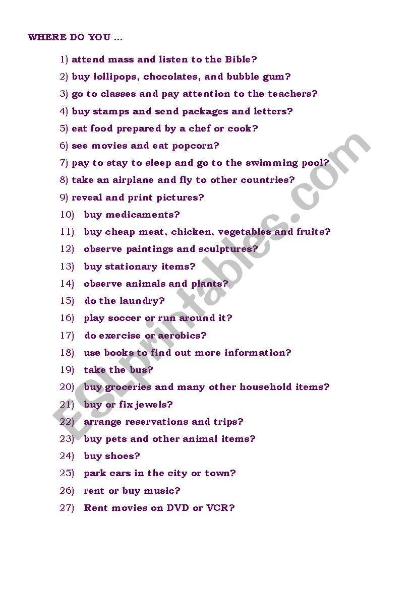 Where do you.....? worksheet