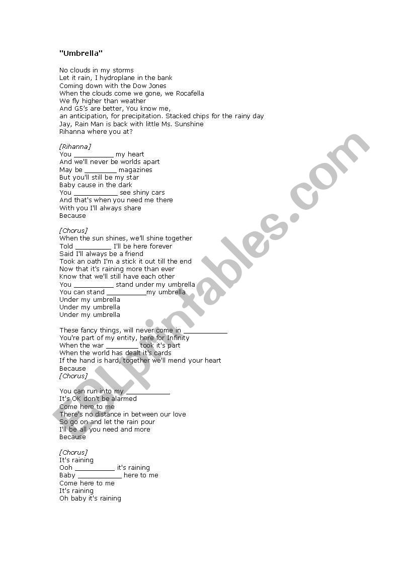 umbrella song worksheet