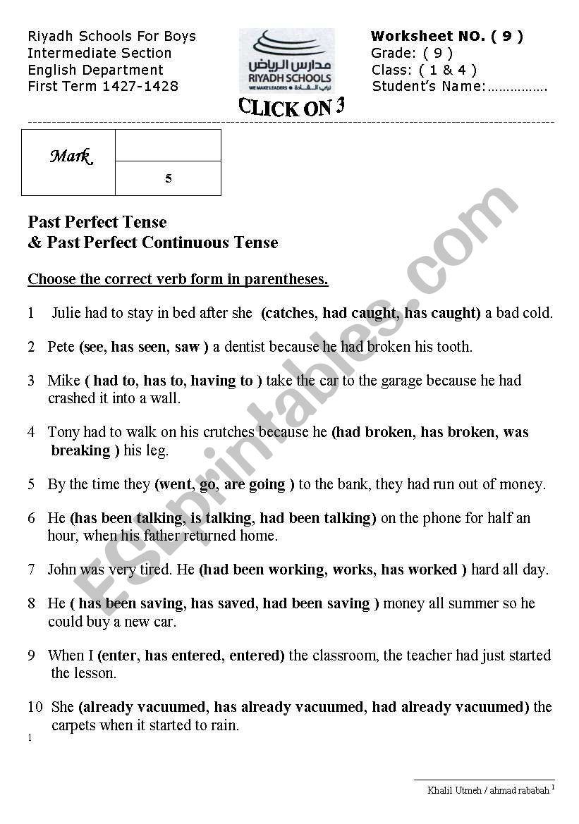 past perfect worksheet