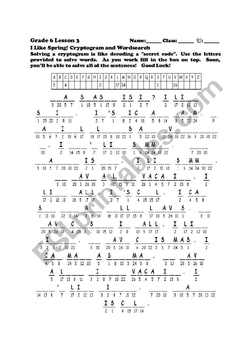 Seasons Cryptogram worksheet