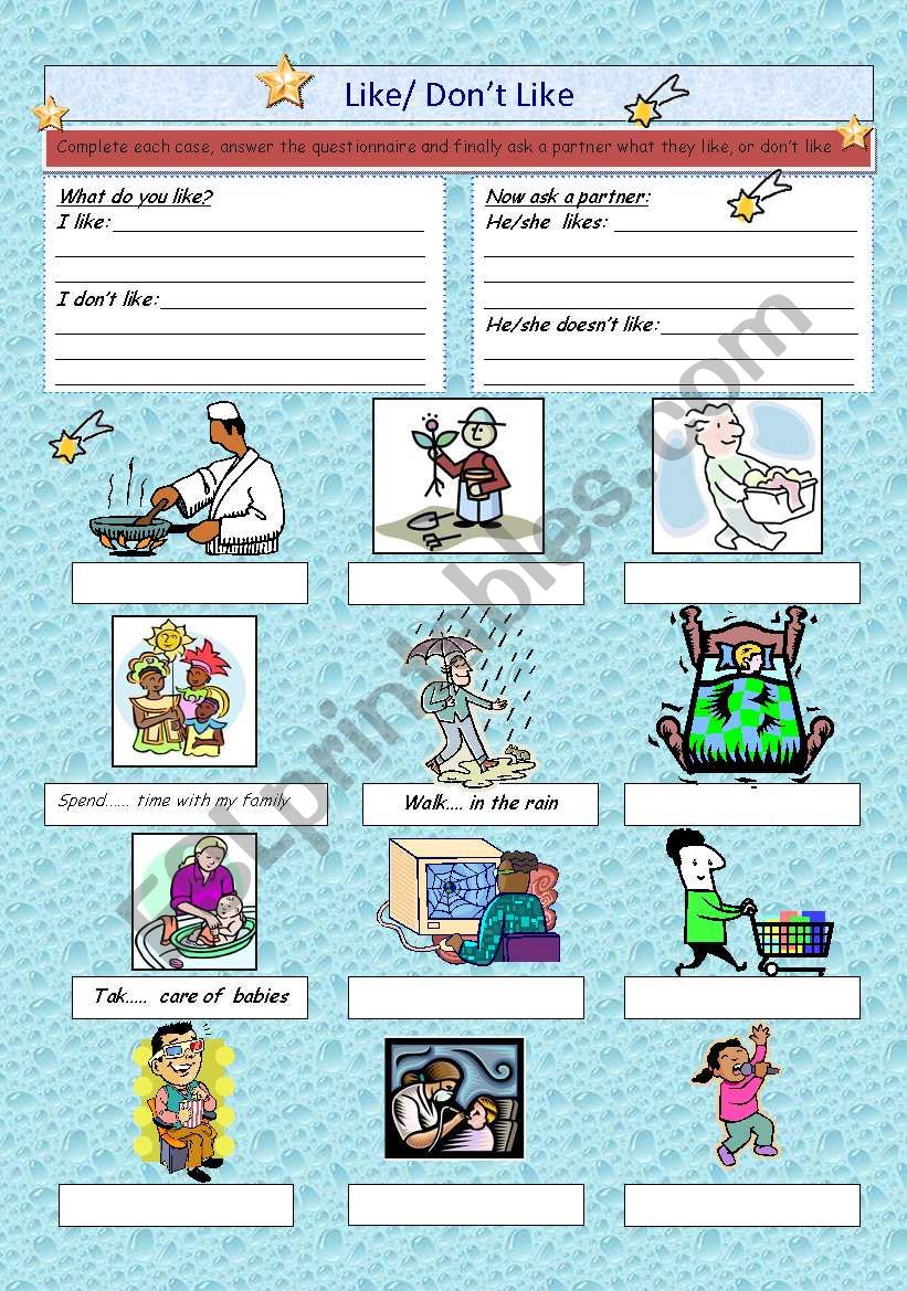 Like / donÂ´t like + activities ll the blanks and pair quizz