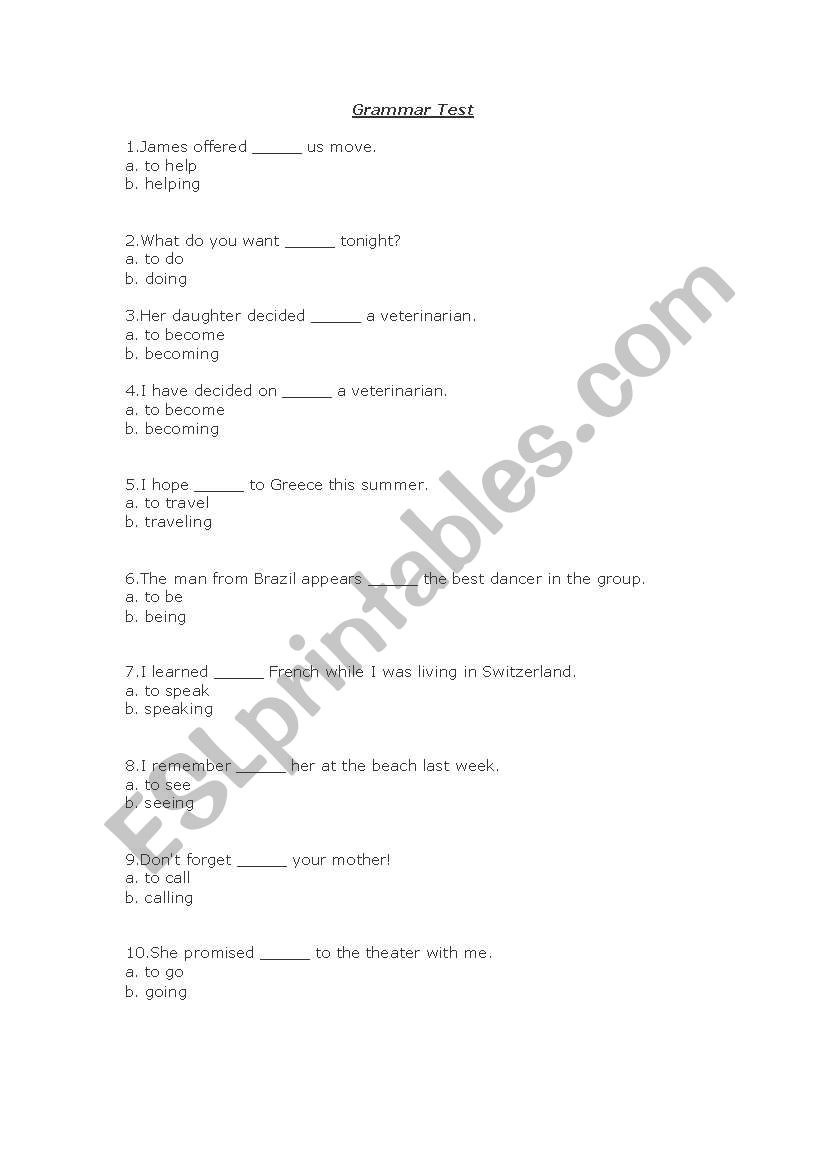 grammar infintive forms worksheet