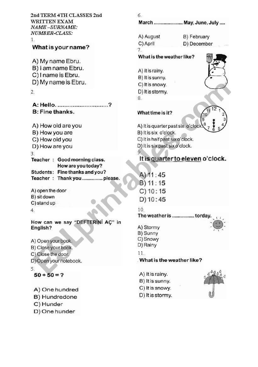 A Test For Class Four Students (Part 1)