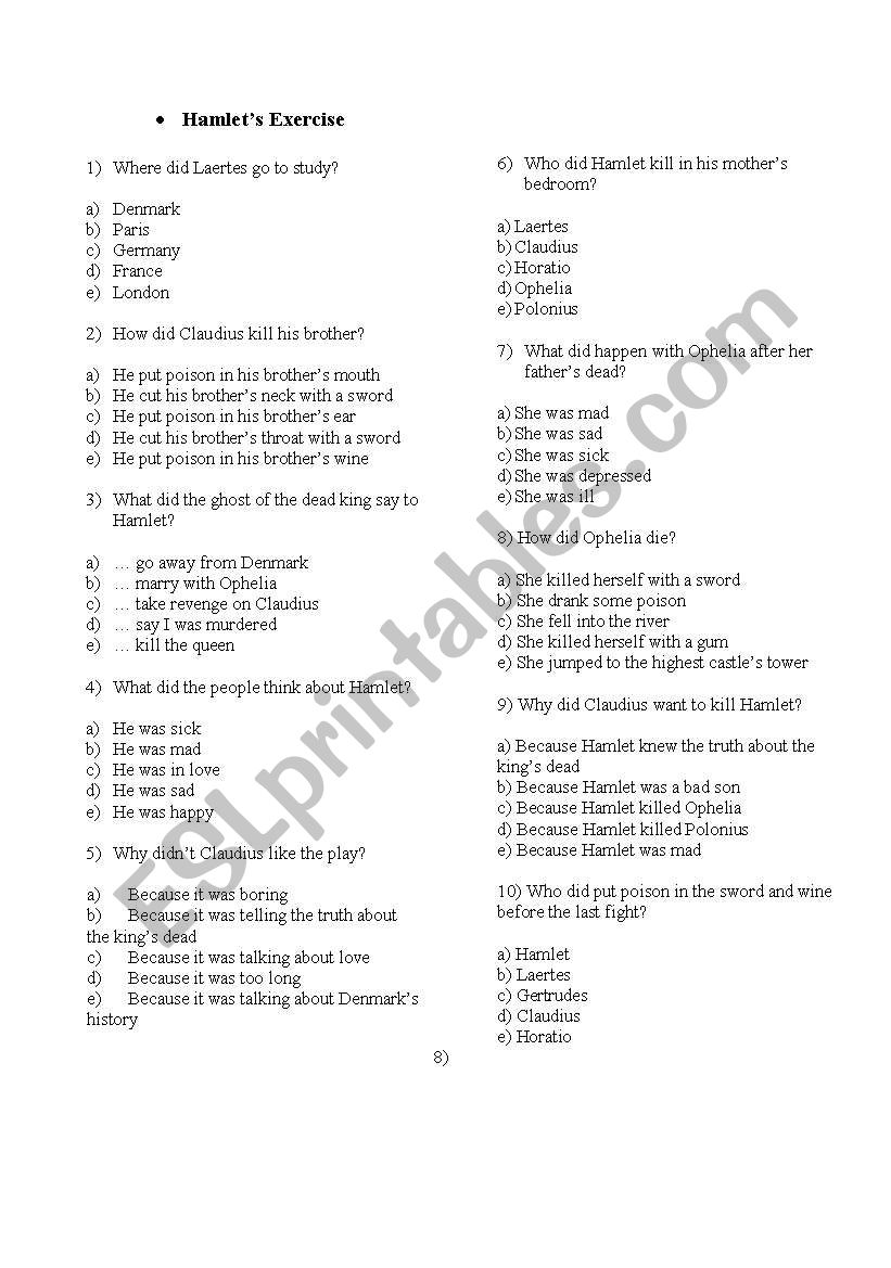 Hamlets Exercise worksheet