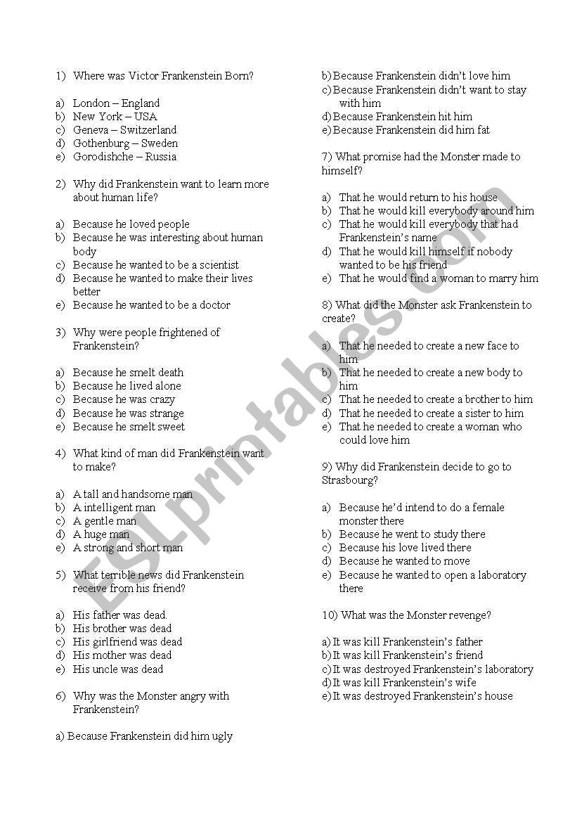 Frankensteins Exercises worksheet