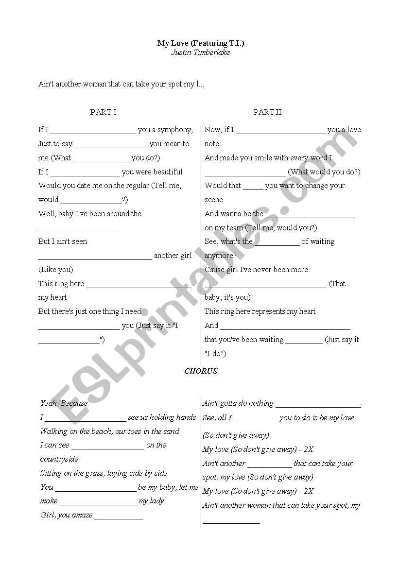 My Love - by Justin worksheet