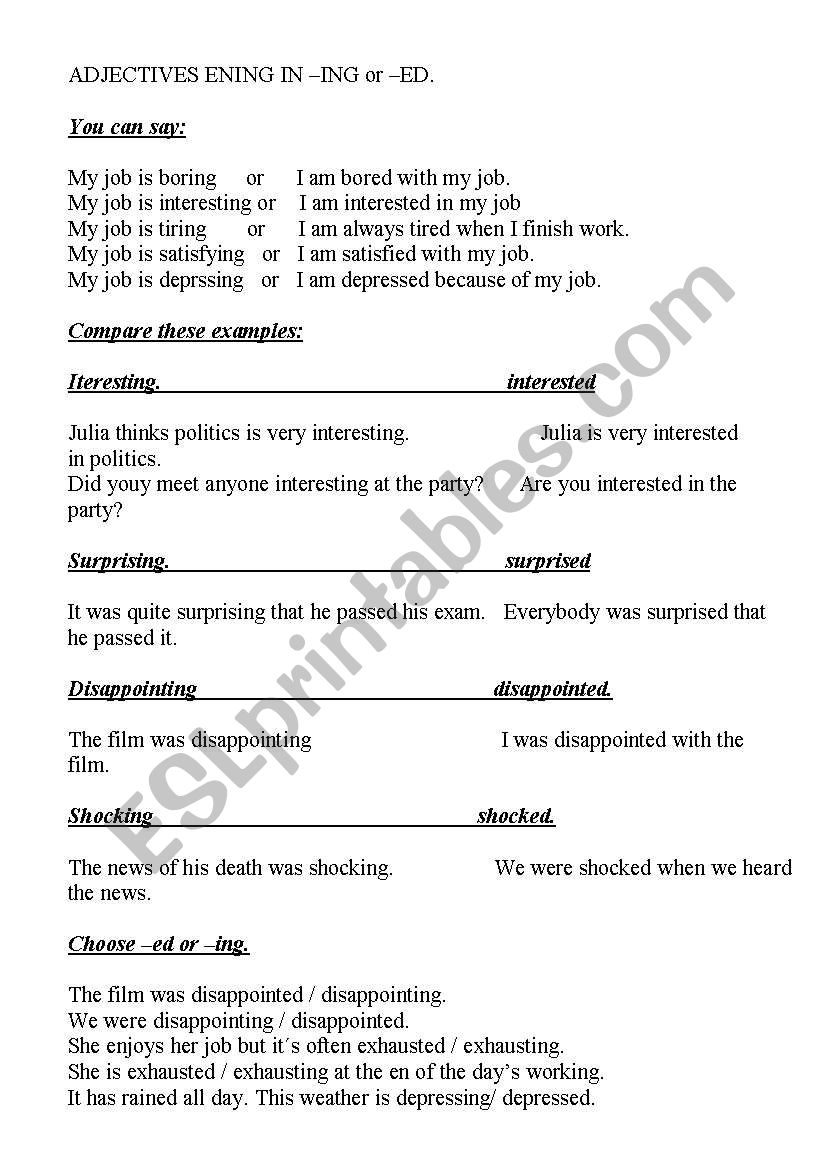 -ed and -ing adjectives worksheet