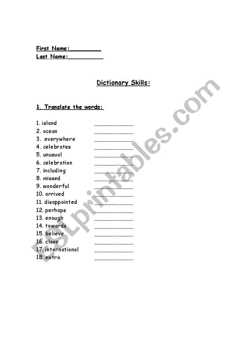 Dictionary Skills worksheet